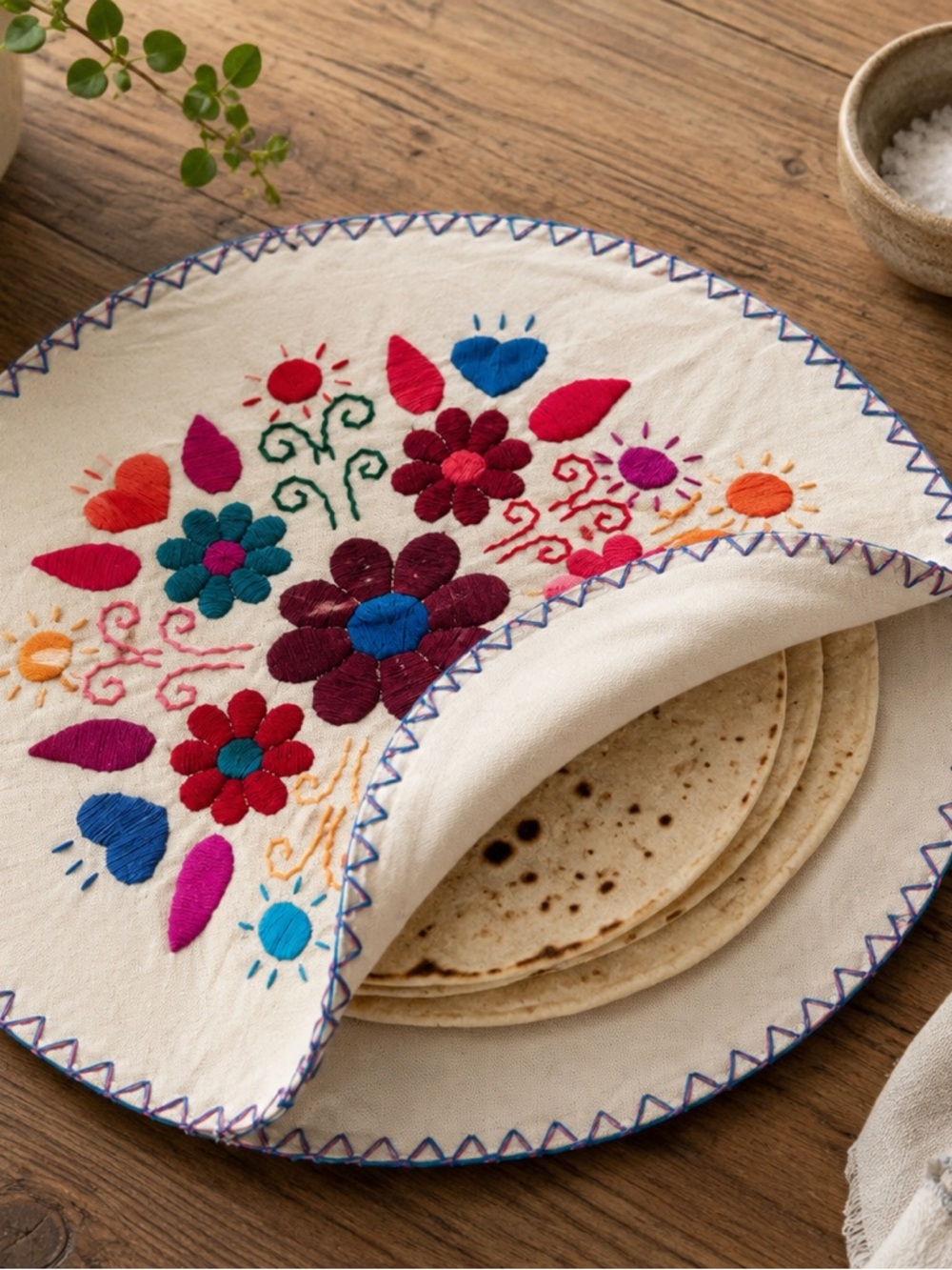 Hand Embroidered Mexican Tortilla Warmer Holder Cozy Floral Cotton 11 Inch Round